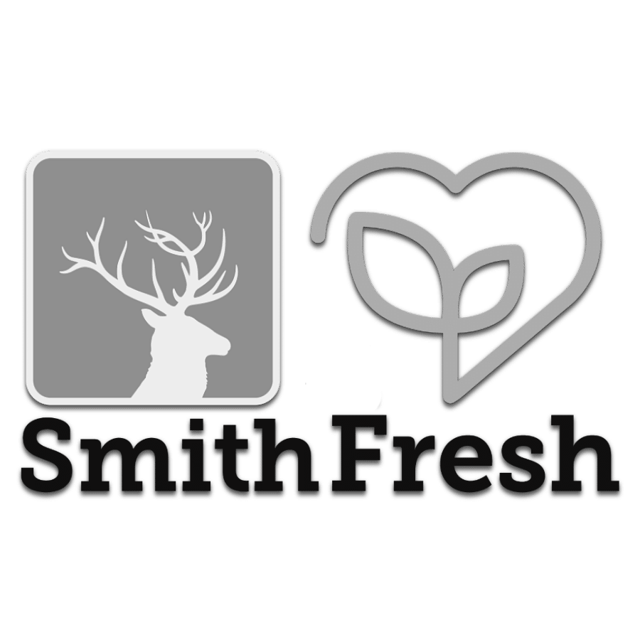 SmithFresh logo featuring a stag silhouette in a grey square and a heart-shaped leaf icon next to the brand name, displayed in a website design footer.