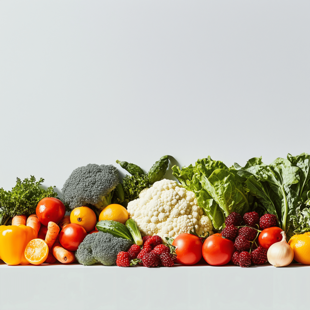 A vibrant array of fresh vegetables and fruits, featuring broccoli, lettuce, and more, artfully arranged on a white surface to create the perfect landing page visual.